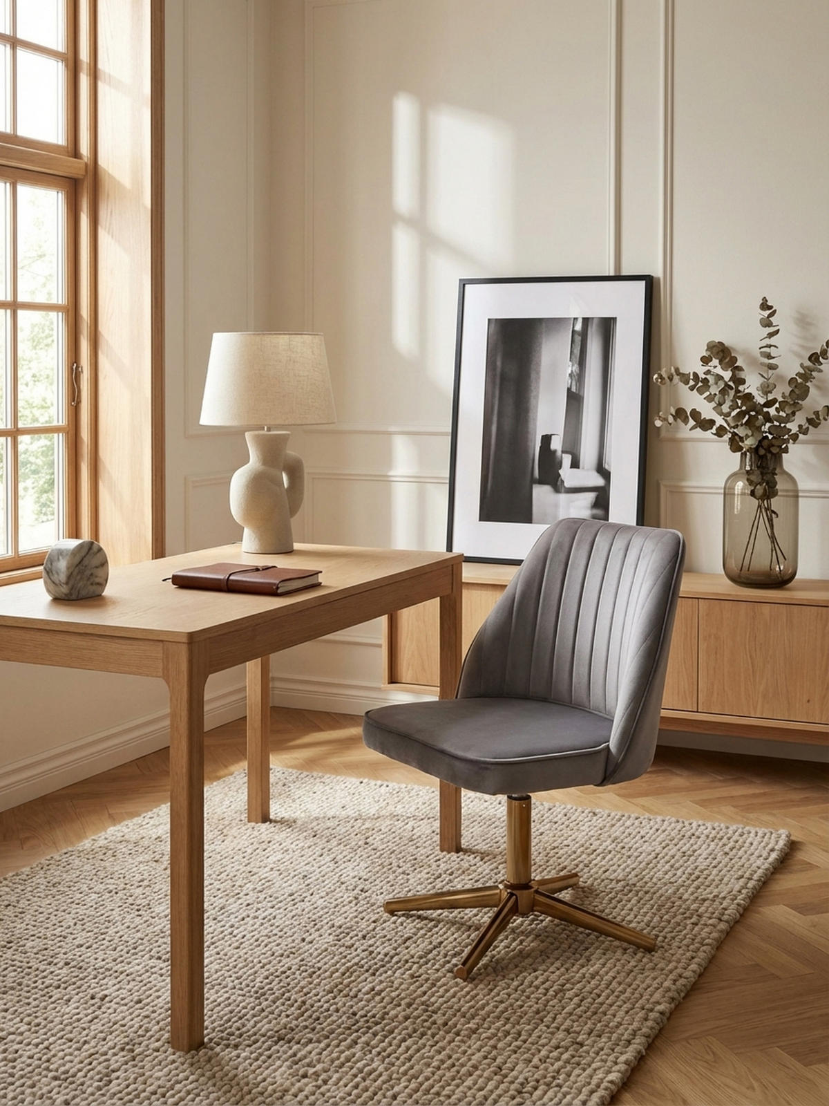 DREHSTUHL Samt mit Höhenverstellung, Eisenfuß und 360° Drehfunktion TANARO, Grau 60x60x100 cm - Goldfarben/Grau, Textil/Metall (60/100/60cm) - KADIMA DESIGN