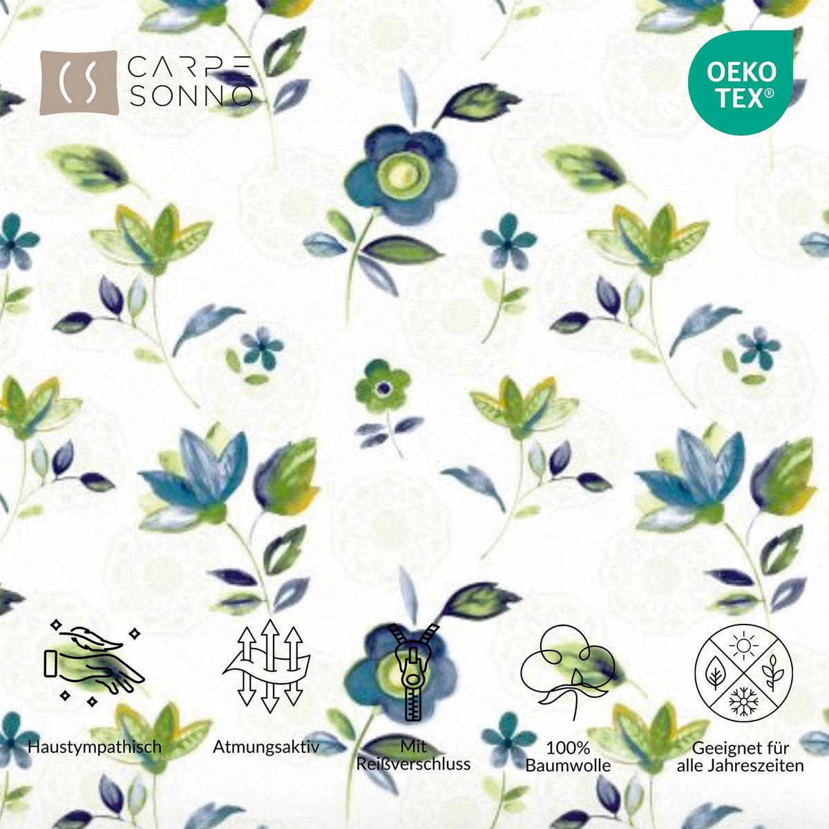 BETTWÄSCHE 135x200 Renforce Bettbezug geblümt Baumwolle Blumen Grün Blau - Blau, Textil (135/200cm) - Carpe Sonno