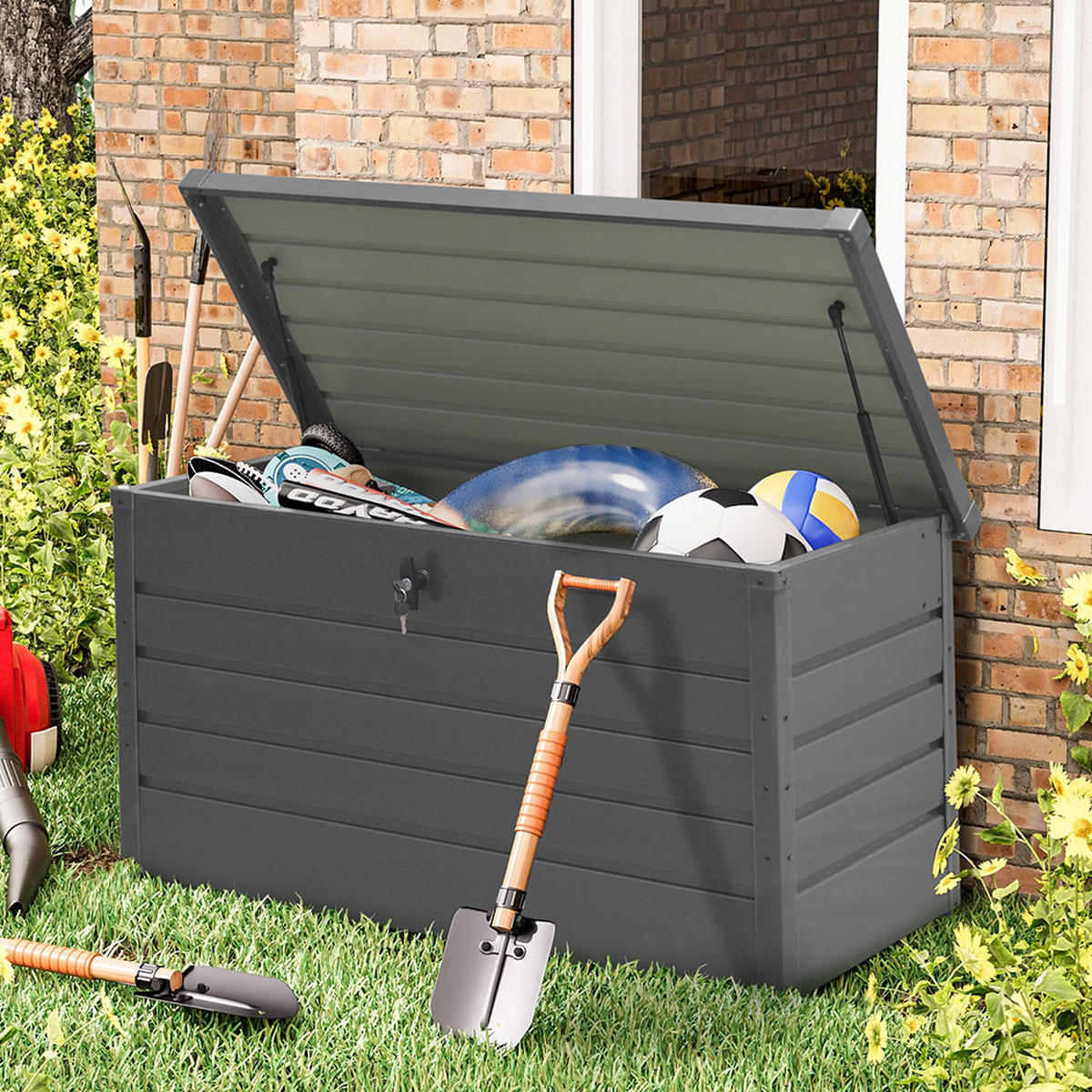 GARTENBOX Kissenbox Auflagenbox 350L aus Metall in Grau in AußenGarten abschließbar 120 x 61 x 63 cm 22 kg - Grau, Metall (120/63/61cm) - Livingandhome