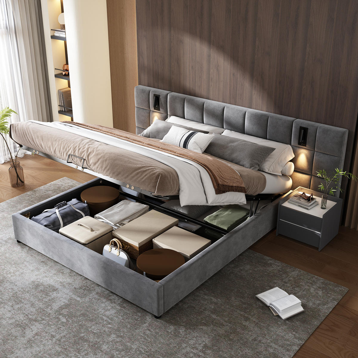 POLSTERBETT aus Stahl 160x200 cm in Grau mit Stauraum, Leselicht & USB - Grau, Textil (160/200cm) - Modfu