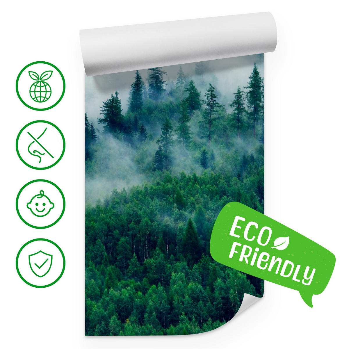 FOTOTAPETE Wald im Nebel Natur Landschaft 3D 100x70 - Grau/Grün, Papier (100/70cm) - Muralo