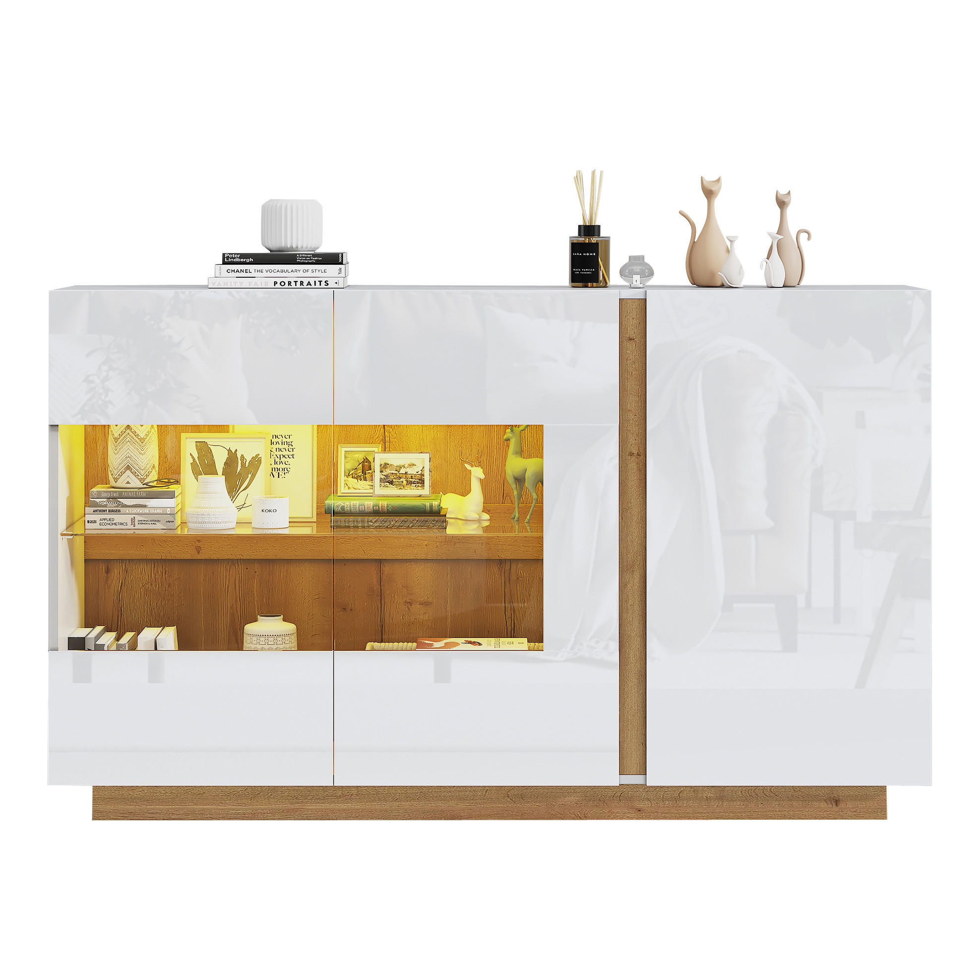 SIDEBOARD 138/38,5/90,5 cm in Weiß Hochglanz mit 3 Türen, Glas & LED - Weiß, Holzwerkstoff (138/90.5/38cm) - BEAOK