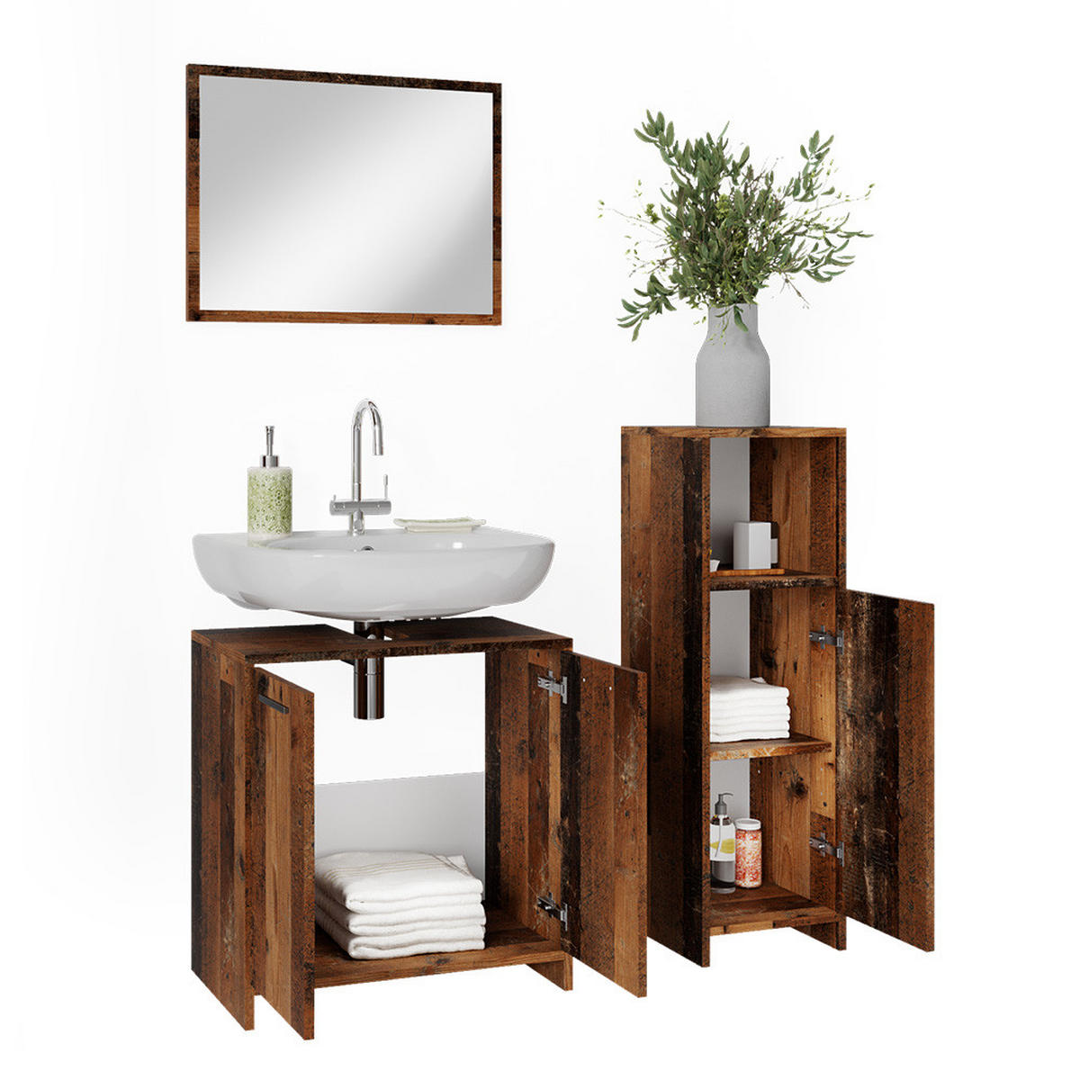 BADMÖBEL-SET Kiko Eiche rustikal 3 Teile, mit Midischrank - Wildeiche, Holzwerkstoff (58/60/33cm) - Vicco