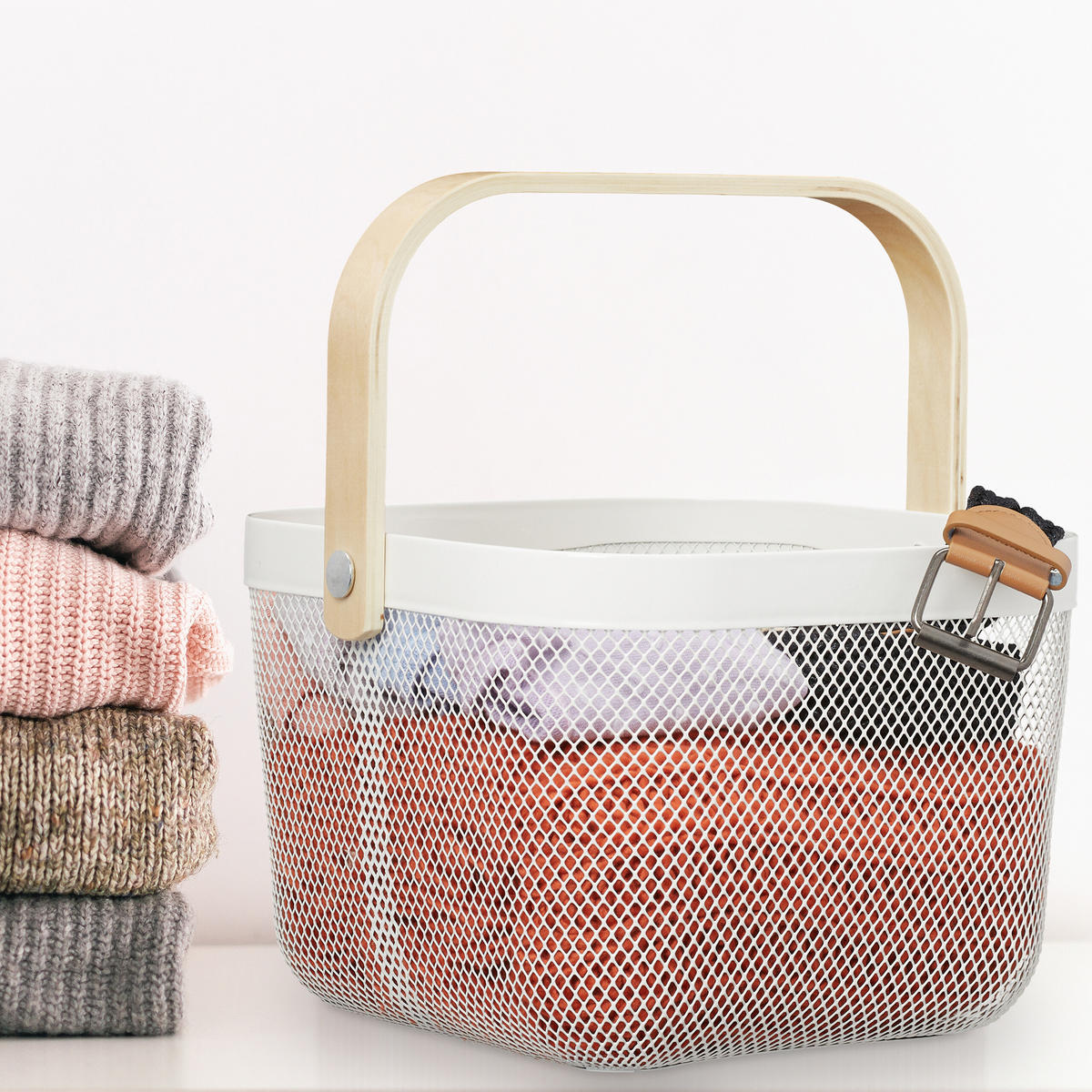 2XDRAHTKORB - Weiß, Holz/Metall (26/17.5/24.5cm) - Relaxdays