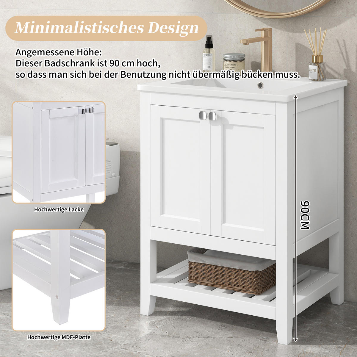 WASCHBECKENUNTERSCHRANK Moderner Badschrank Keramikbecken wasserfest bodenstehend Stauraum 80/40/85 cm - Weiß, Keramik/Holz (61/90/46cm) - EVRYAE