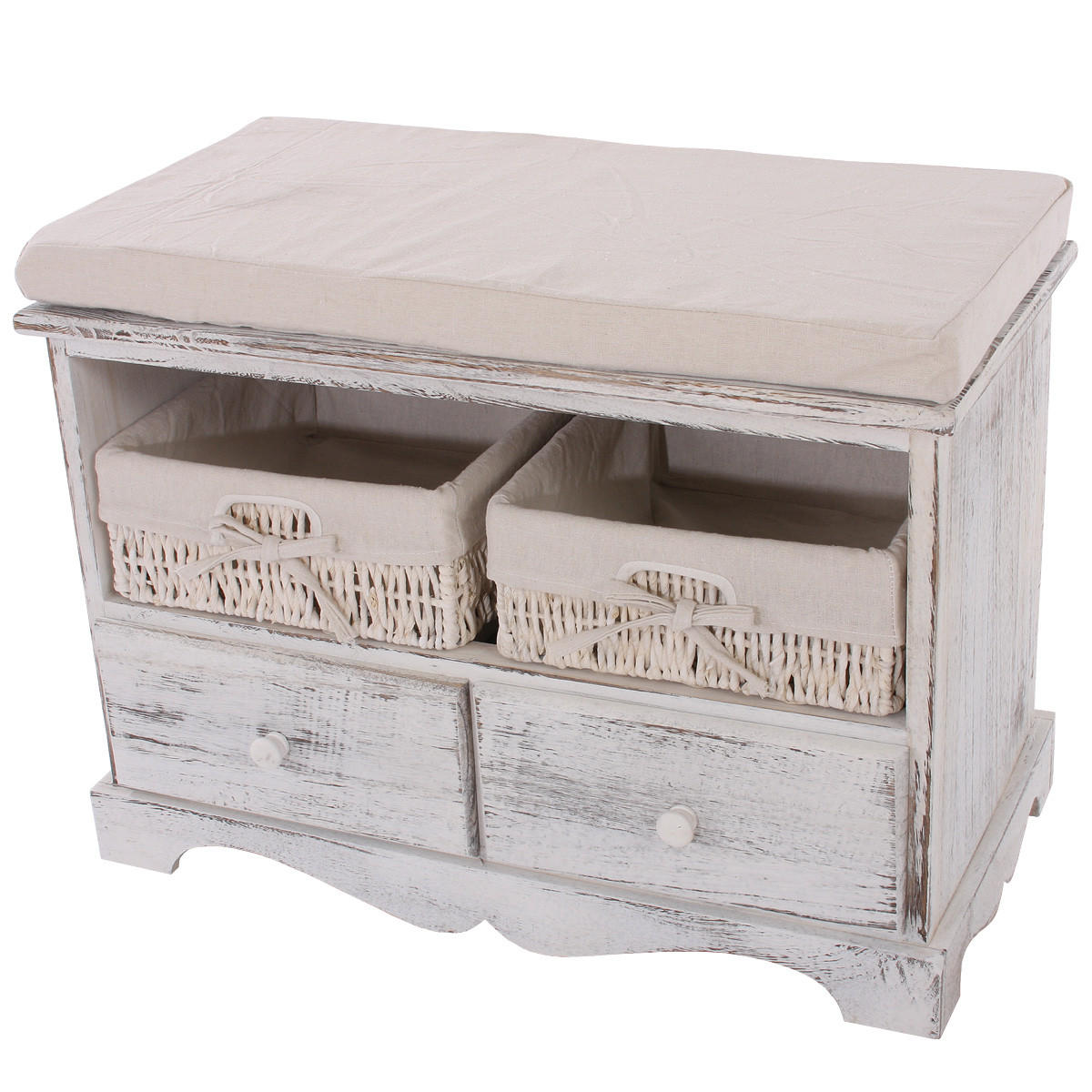 SITZBANK 2 KÖRBE SHABBY-LOOK Cremeweiß - Weiß, Holz (62/42/33cm) - MCW
