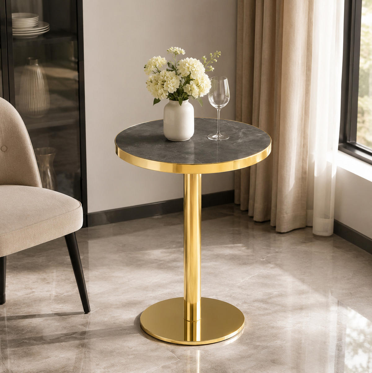 BARTISCH in Grau|Goldfarben Beistelltisch mit Marmoroptik-Tischplatte und Edelstahlgestell, B60/T60/H74cm - Goldfarben/Grau, Holzwerkstoff/Metall (59.5/59.5/73.5cm) - STILVORA