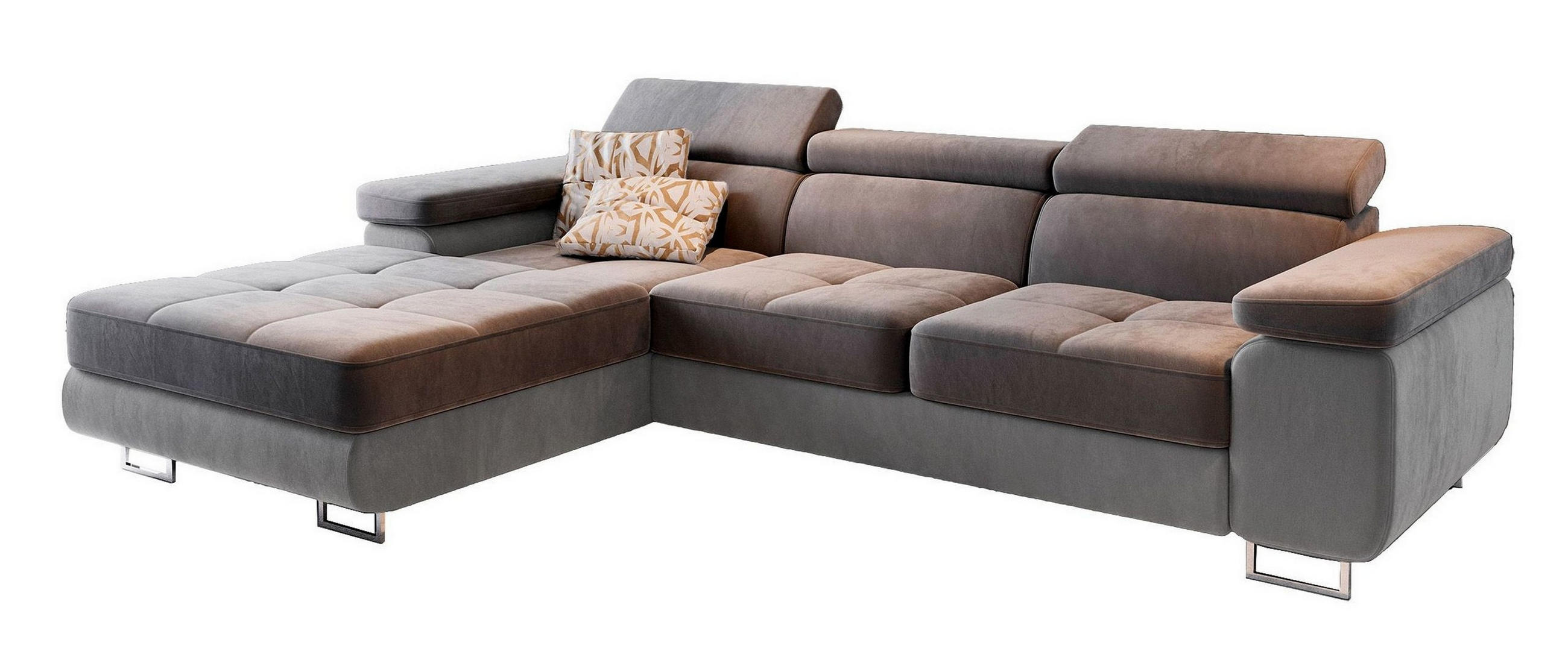 ECKSOFA ELMA L-S Grau Velours-Stoff mit Schlaffunktion - Grau, Holz (280/205cm) - MASSENO