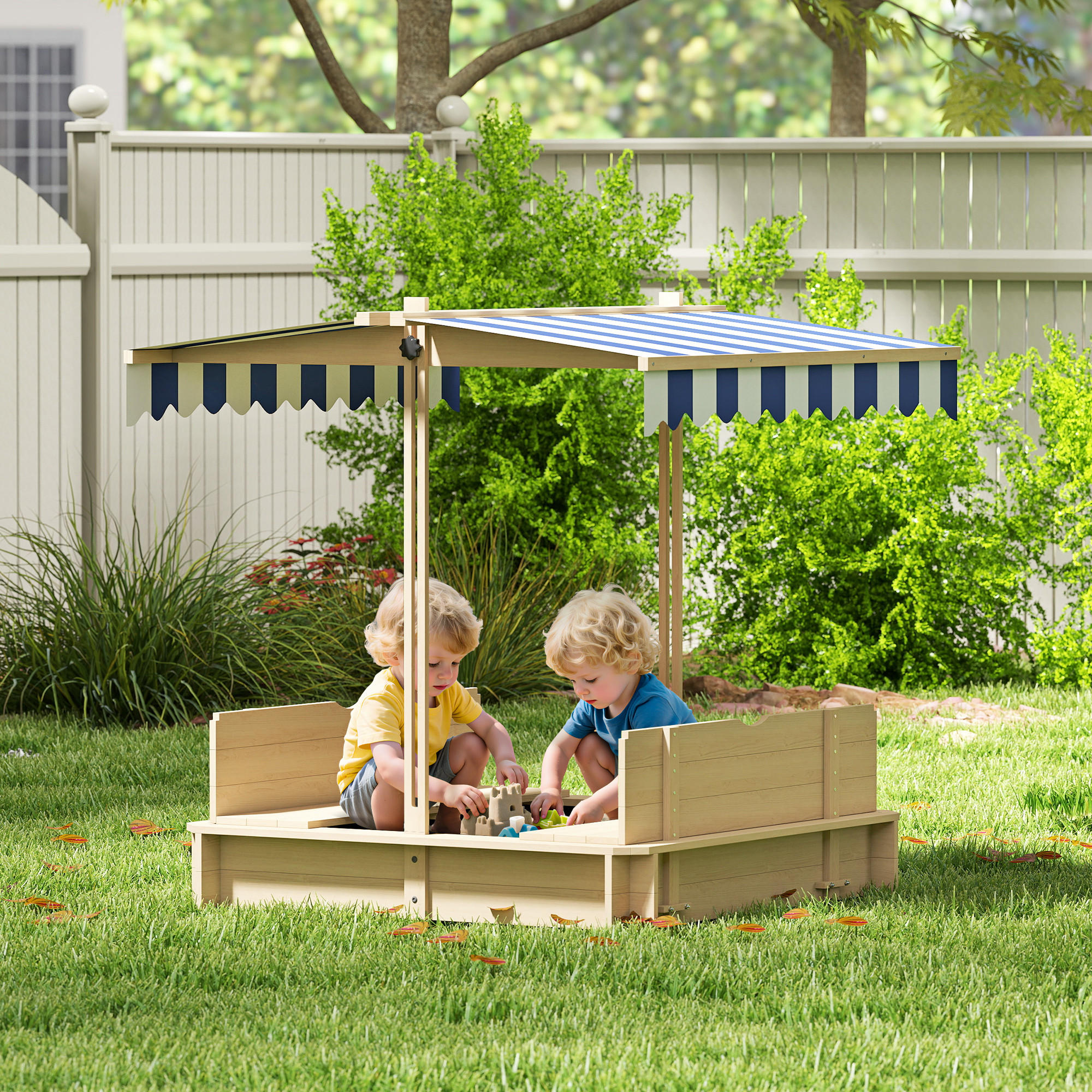 SANDKASTEN mit Dach abnehmbar Rücklehnen Tannenholz 3-7 Jahren Natur - Naturfarben, Holz (106/106/115cm) - Outsunny