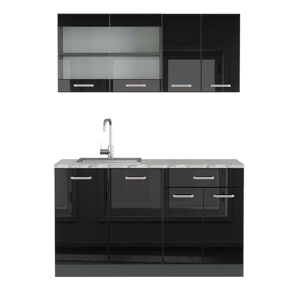 SINGLEKÜCHE R-Line Schwarz Hochglanz/Anthrazit 140 cm, AP Marmor - Schwarz Hochglanz/Anthrazit, Holzwerkstoff (140/81.6/60cm) - Vicco