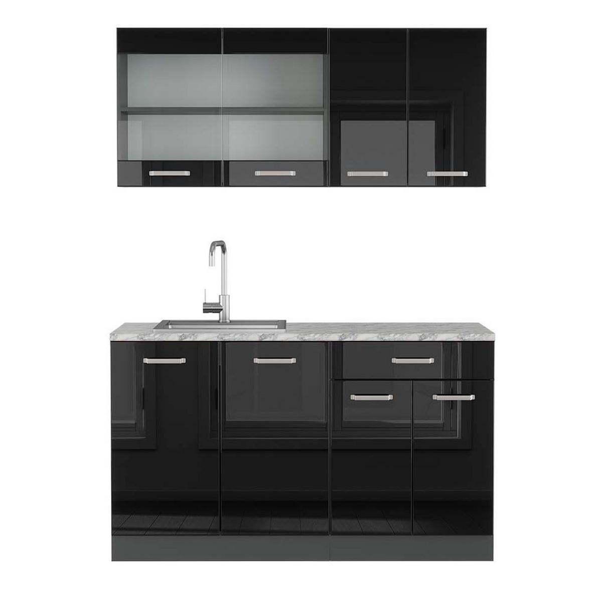SINGLEKÜCHE R-Line Schwarz Hochglanz/Anthrazit 140 cm, AP Marmor - Schwarz Hochglanz/Anthrazit, Holzwerkstoff (140/81.6/60cm) - Vicco