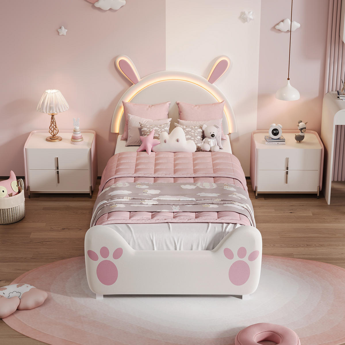 POLSTERBETT 90x200cm Hasen-Design, LED, gepolstertes Kopfteil - Pink, Holz - SHOPENTRA
