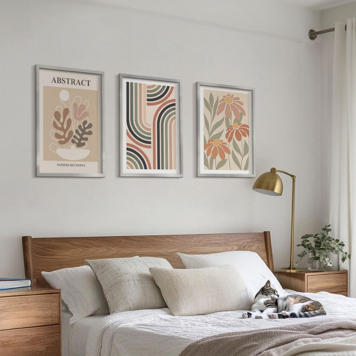 WANDBILDER 3er Set - 40x60 cm Silberner Rahmen - Abstrakte Pflanzen in Pastellfarben - Silberfarben, Kunststoff (40/60cm) - ArtPrintCave