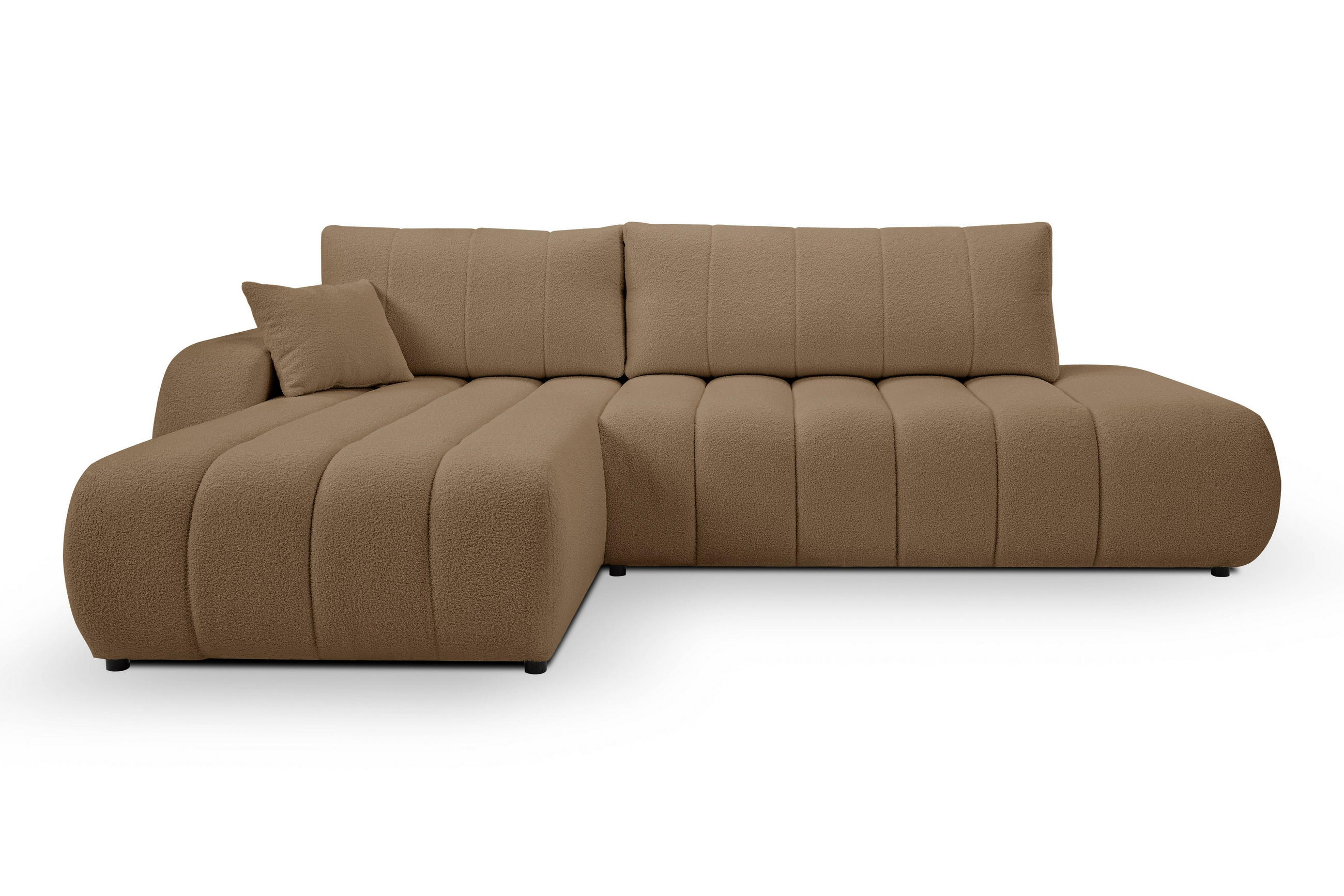 ECKSOFA GIOIA L-S Braun Boucle-Stoff mit Schlaffunktion - Braun, Holz (276/176cm) - MASSENO