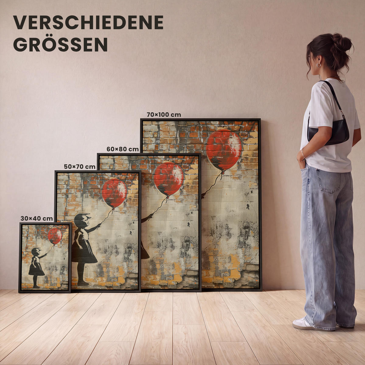 LEINWAND Bilder mit Rahmen - Graffiti - Banksy - Mädchen - Straßenkunst - 60x80 - Sandfarben, Textil (60/80cm) - MuchoWow