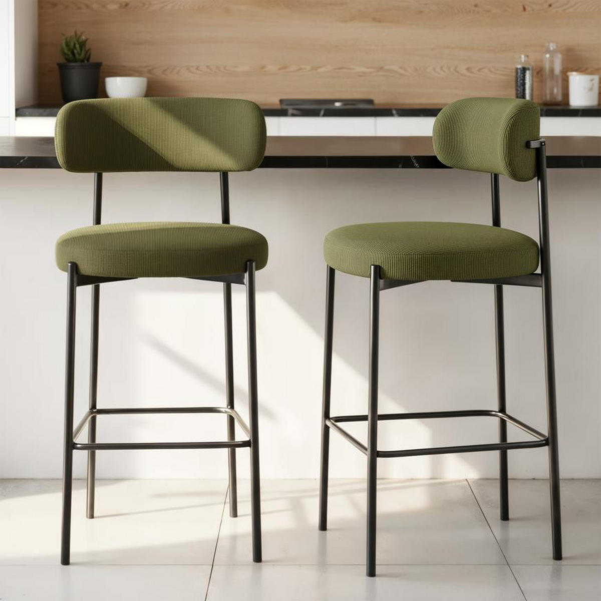 BARHOCKER 2er-Set Iris modernen aus khakifarbenem Cord, 75 cm - Schwarz/Grün, Textil/Metall (51/107/52.5cm) - Sicaan