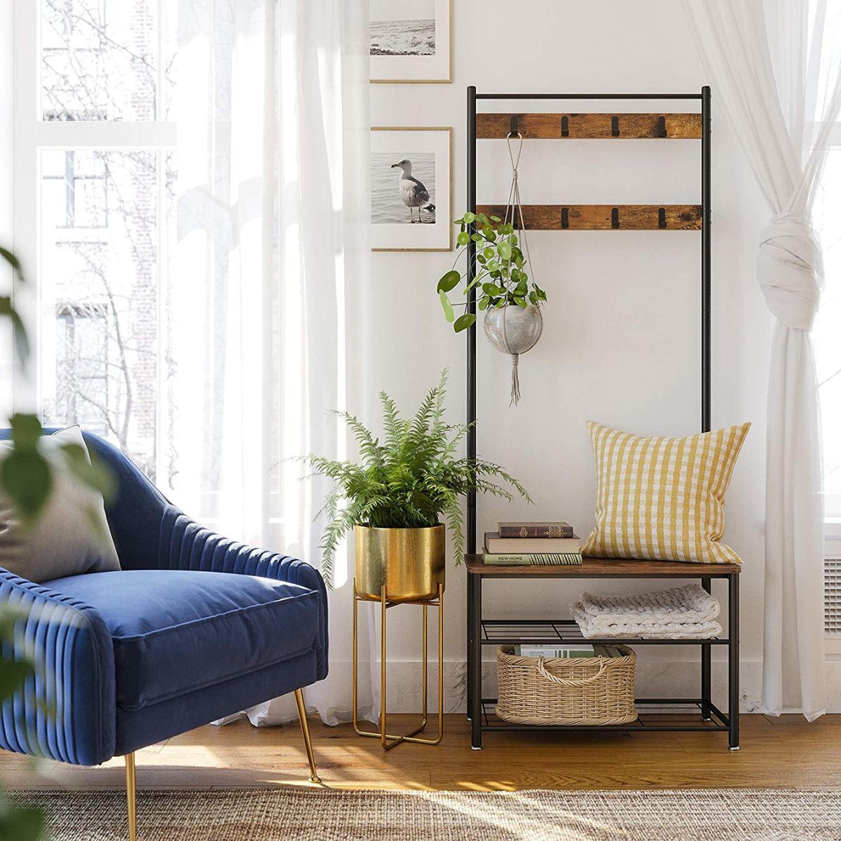 MEHRZWECKSCHRANK mit Kleiderhaken und Schuhbank - Nussbaumfarben, Holzwerkstoff (32.5/175/70cm) - Calicosy