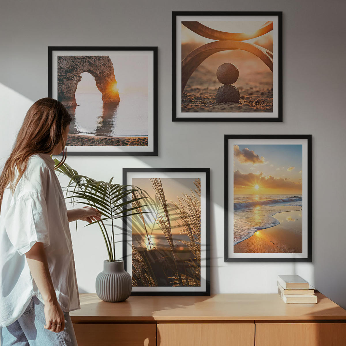 BILDER SET 4er Set - 50x50 cm & 40x60 cm Schwarzer Rahmen - Ruhige Landschaften am Strand der Sonne - Schwarz, Kunststoff (50/50cm) - TULUP