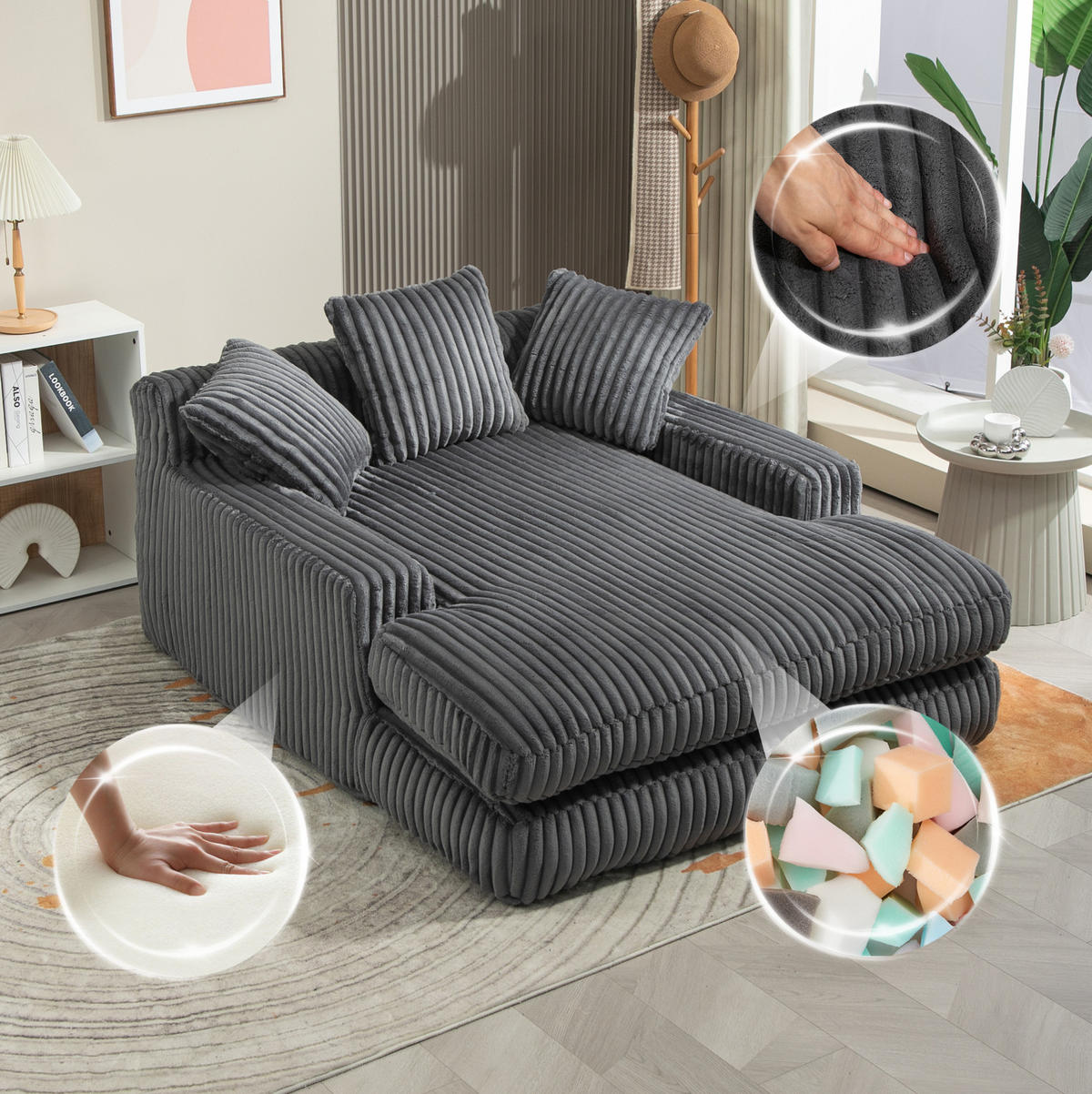 BIGSOFA 125/155/63 cm in Cord Dunkelgrau mit Chaiselongue - Dunkelgrau, Textil (63/125/155cm) - BEAOK