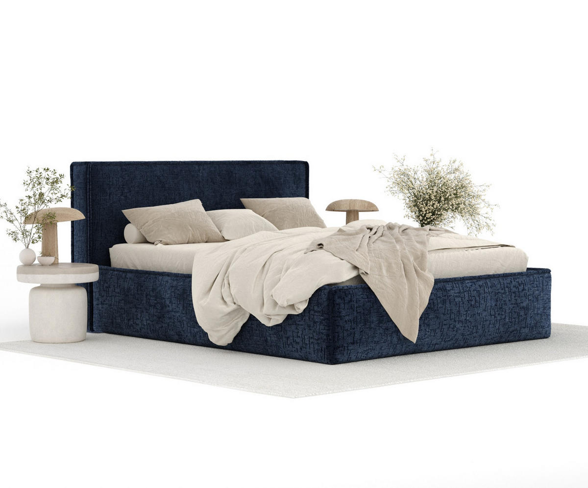 POLSTERBETT Lounge Marineblau 160/200 cm im Chenille-Stoff - Naturfarben/Dunkelblau, Holz/Holzwerkstoff (160/200cm) - Maison de Reve