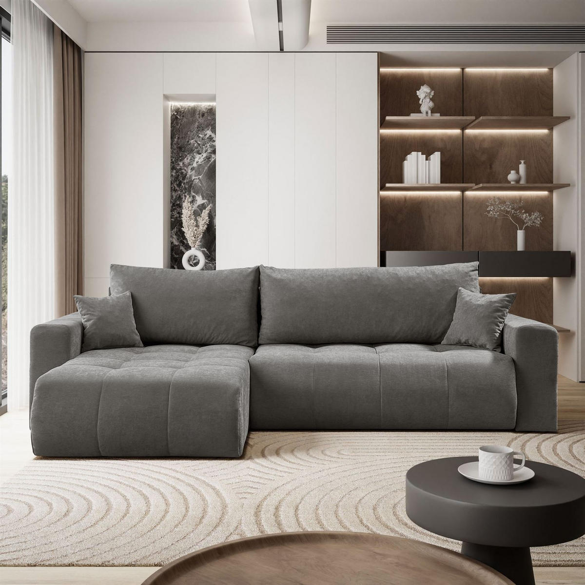 ECKSOFA Gepolstertes CLOUD mit Schlaffunktion und Bettkasten, Wind 21 - Dunkelgrün, Textil (277/143cm) - Lookway