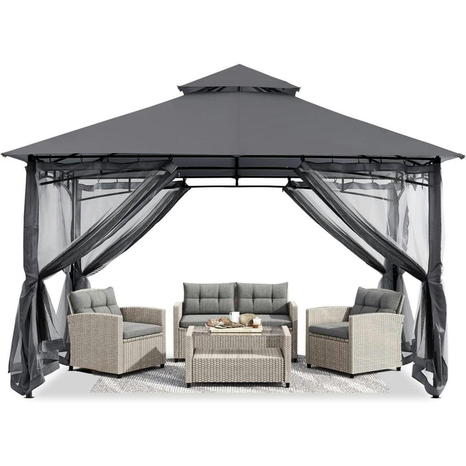 GARTENPAVILLON 2,5 x 2,5 m Grau mit Netz - Grau, Metall (274.3/280.4/274.3cm)