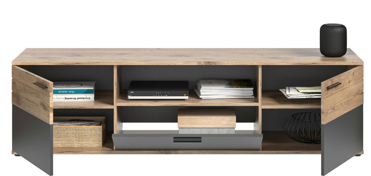 TV-LOWBOARD Eiche, grau 194 cm, XL Flat TV Unterschrank mit Soft-Close - Eichefarben/Schwarz, Holzwerkstoff/Kunststoff (194/53/47cm) - Inn.Furn