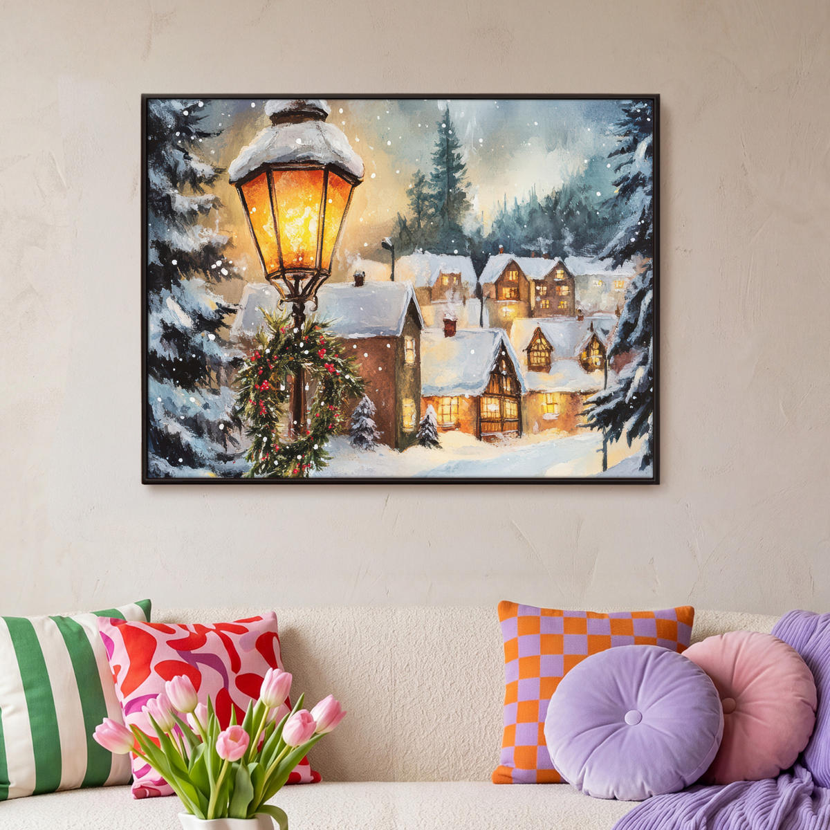 LEINWAND Bilder mit Rahmen - Weihnachtsdorf - Häuser - Schnee - Weihnachten - 100x70 - Sandfarben, Textil (100/70cm) - MuchoWow