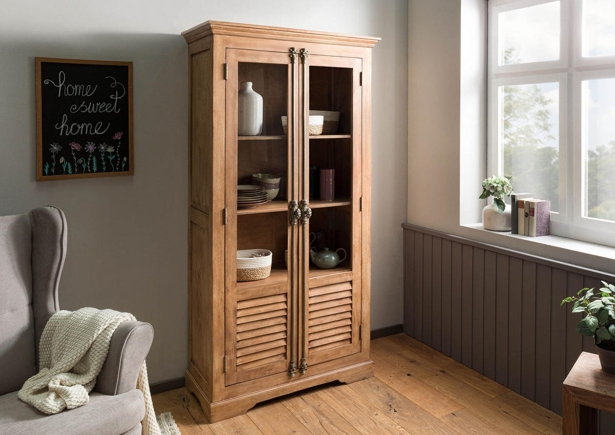 VITRINE Mango 97x45x190 beige geölt TOULOUSE #01 - Beige, Holz (97/190/45cm) - Massivmoebel24