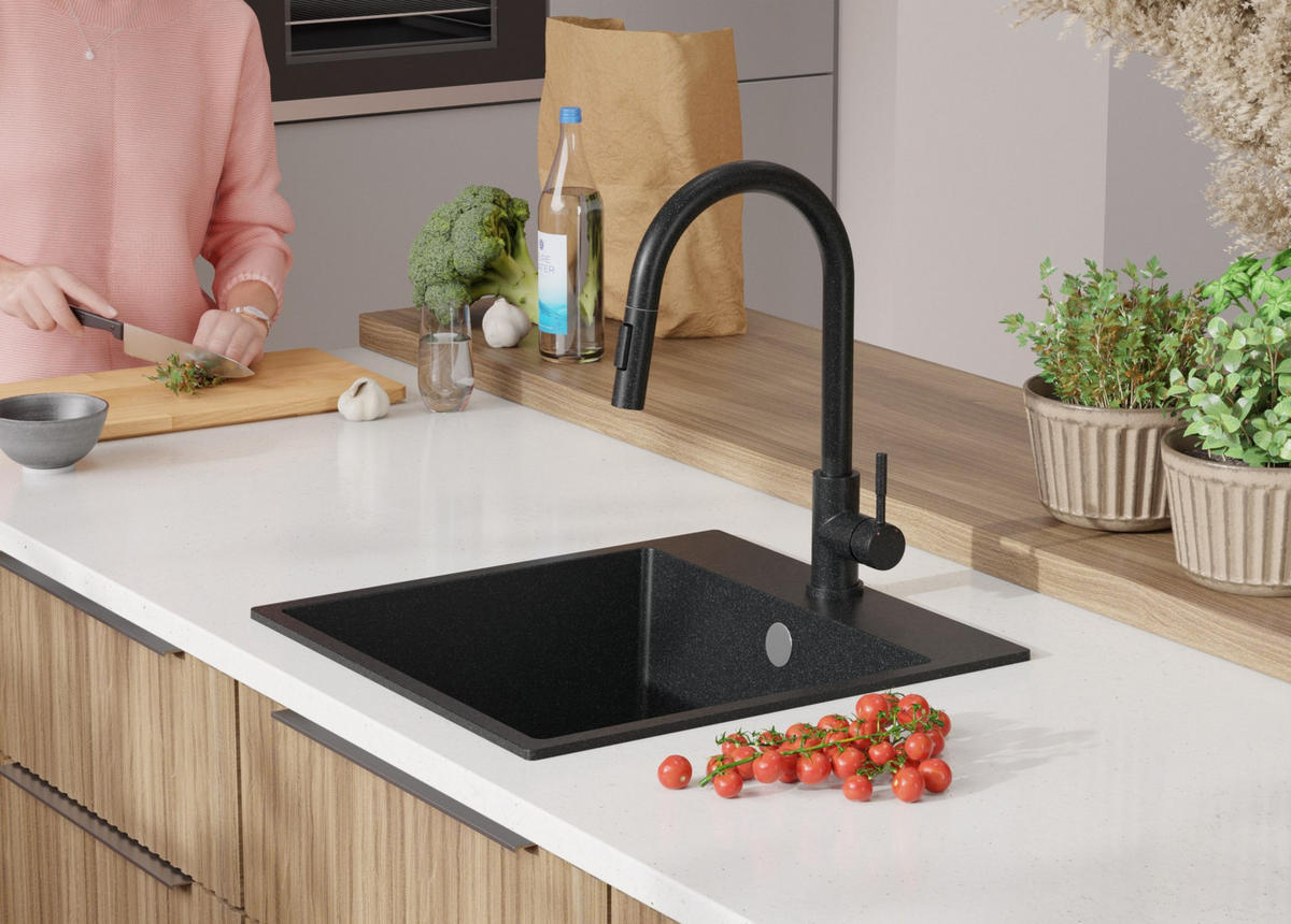 SPÜLBECKEN Riga, 2-er set Anthrazit 48/50 cm 1 Becken + Ablauf-Set ab 50er Unterschrank - Chromfarben/Anthrazit, Kunststoff (48/20/50cm) - Primagran