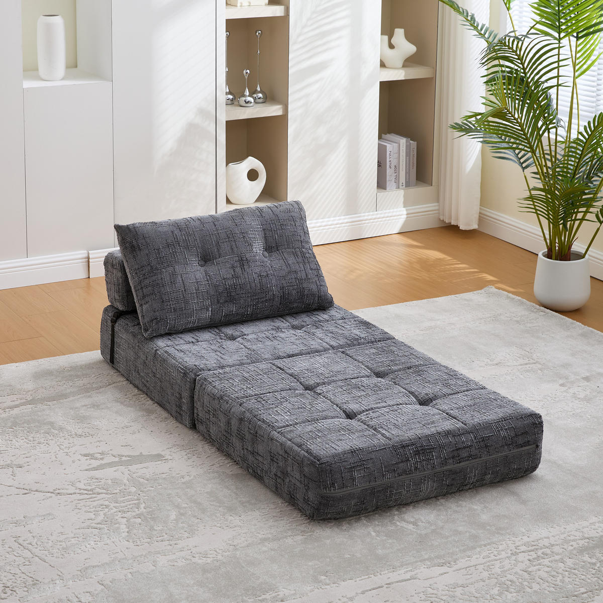 SCHLAFSESSEL Klappbares mit Kopf und Lumbalkissen grau Chenille 200/90/75 cm - Grau, Textil (79/57/79cm) - OKWISH