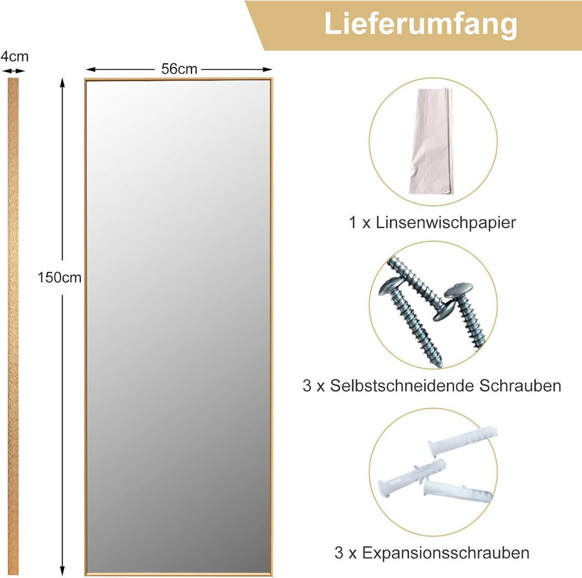 GANZKÖRPERSPIEGEL Gold - Goldfarben, Metall (4/150/56cm) - COSTWAY