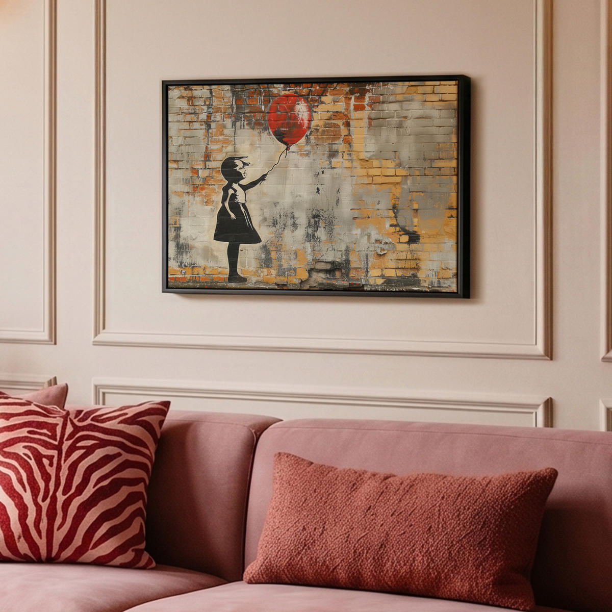 LEINWAND Bilder mit Rahmen - Graffiti - Banksy - Mädchen - Straßenkunst - 60x40 - Sandfarben, Textil (60/40cm) - MuchoWow