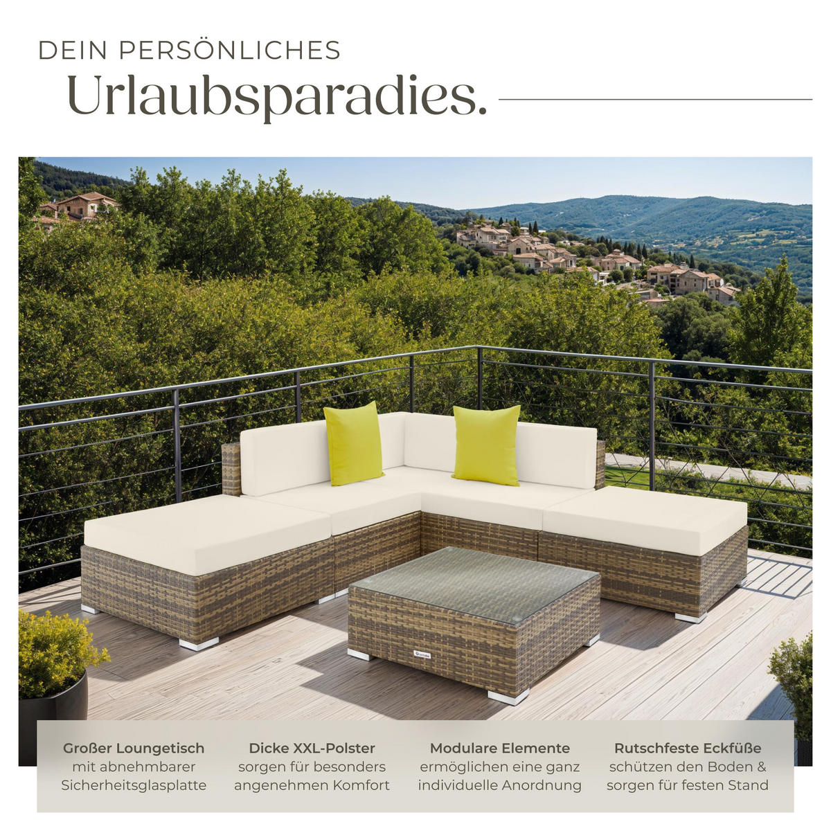 RATTANLOUNGE Paris, mit Sicherheitsglasplatte, natur - Naturfarben, Kunststoff - tectake