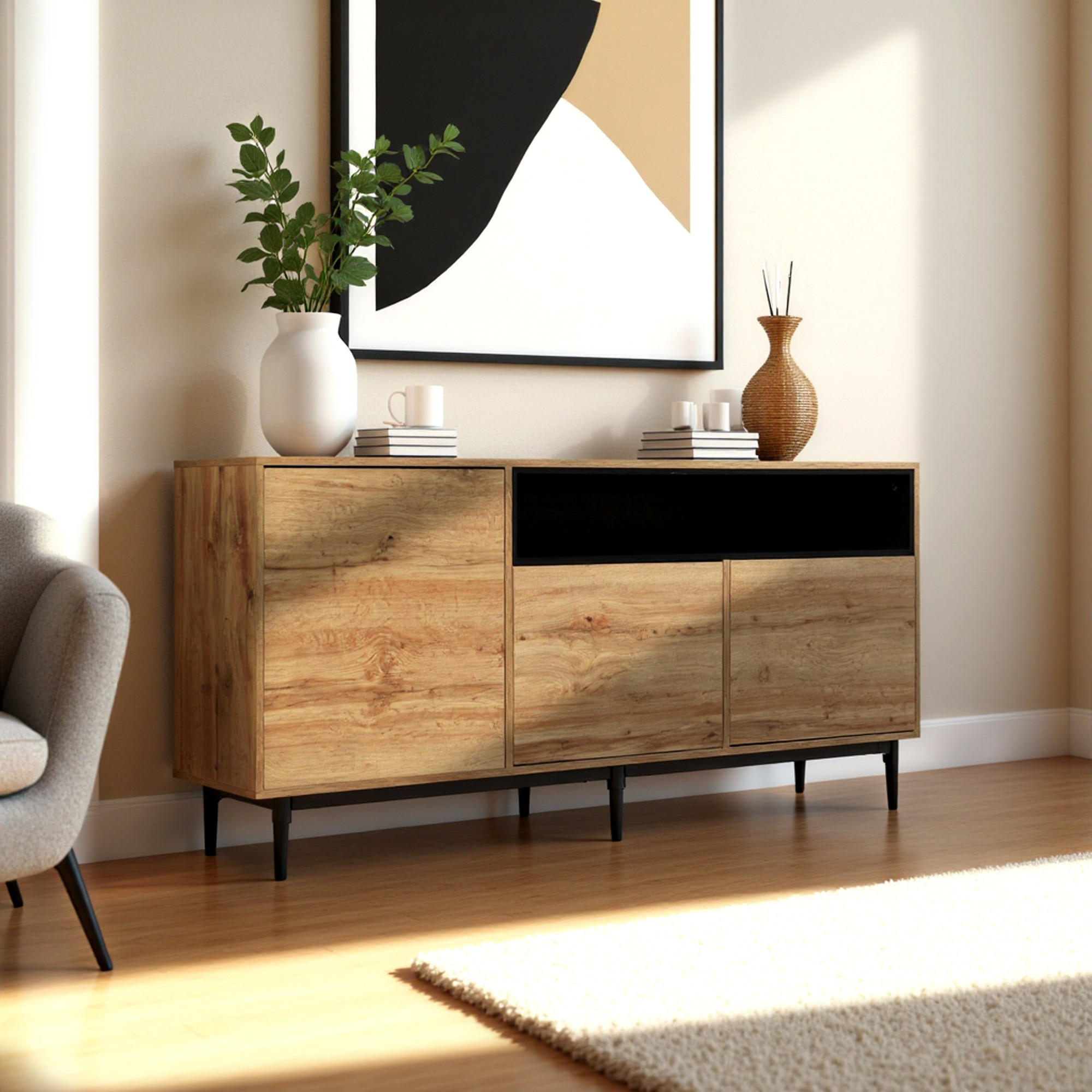 SIDEBOARD Schwarzer mit Türen und offenen Regalen, 160/35/76cm - Eichefarben, Holzwerkstoff/Metall (160/76/35cm) - Urban Meuble
