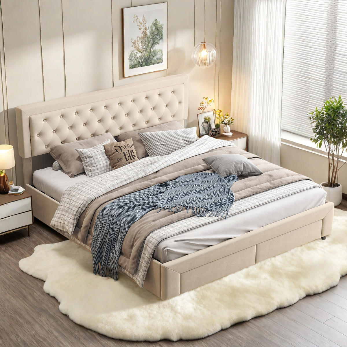 POLSTERBETT 180x200 cm Stauraum 2 Schubladen Lattenrost Samt beige - Beige, Holz (180/200cm) - LEBENLANG