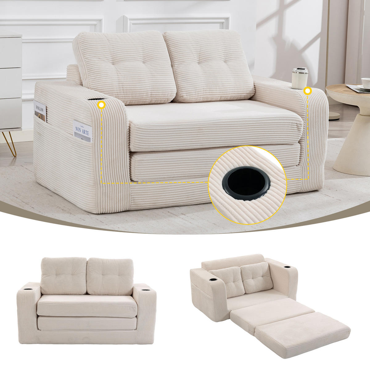 SCHLAFSOFA in Beige Cord mit Getränkehalter und Seitentaschen - Beige, Textil (136/82.5/80cm) - Oxeza