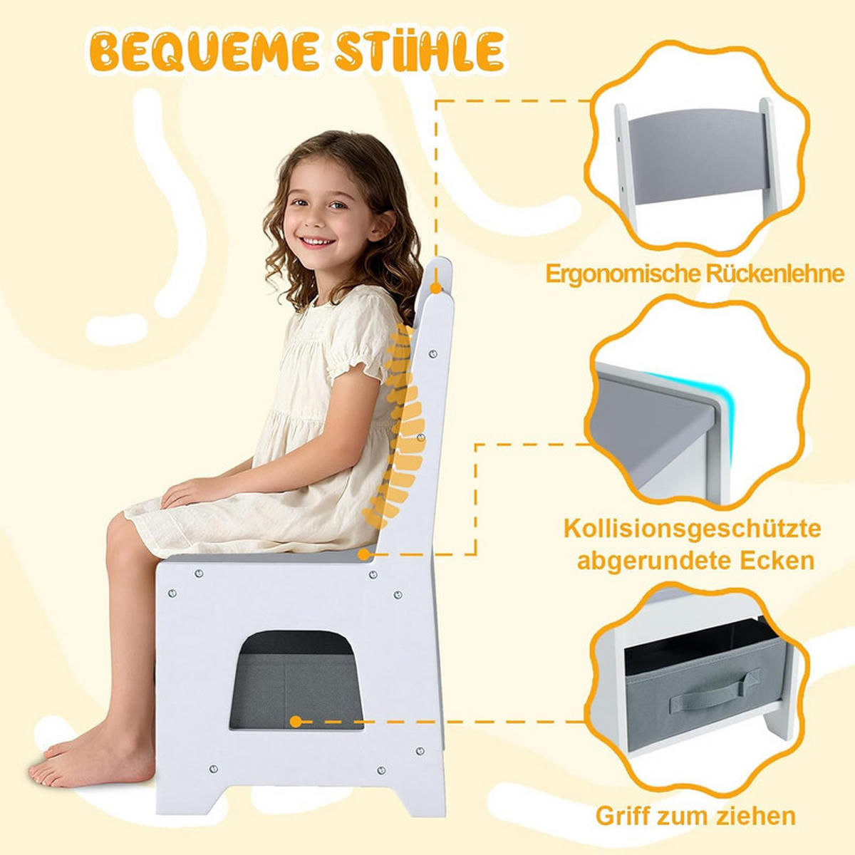 KINDERTISCH mit Stuhl hellgrau(3-tlg) - Hellgrau, Holzwerkstoff (62/56.5/62cm) - COSTWAY