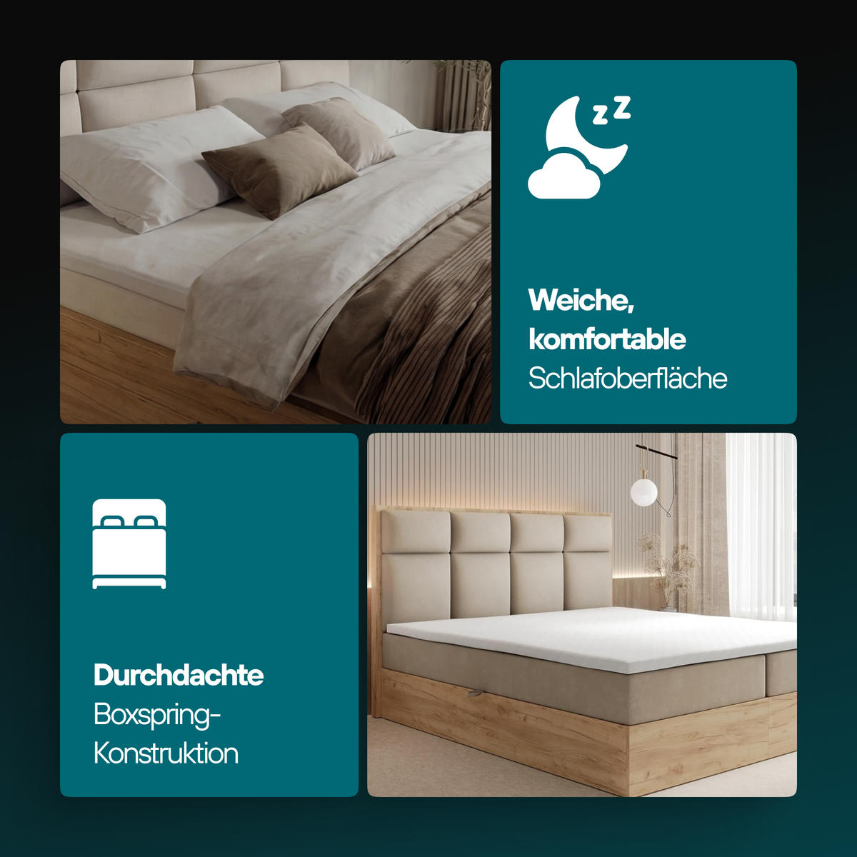 BOXBETT 160 x 200 cm mit Bettkasten und Taschenmatratze H3, SELVA mit Topper 5 cm und Holzelemente, Schwarz - Schwarz, Holzwerkstoff/Kunststoff (160/200cm) - Trada