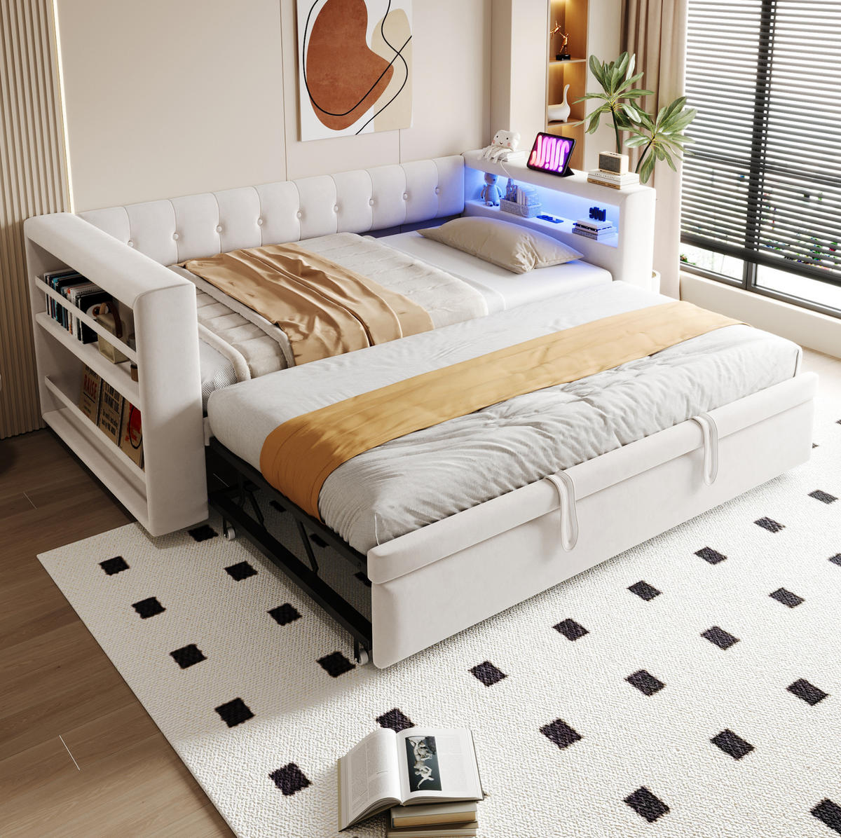 TAPECIRANI krevet 90/180x190 cm s LED osvjetljenjem, utičnicom i spremištem, Bež - bež, drvni materijal (90/190cm) - Redom