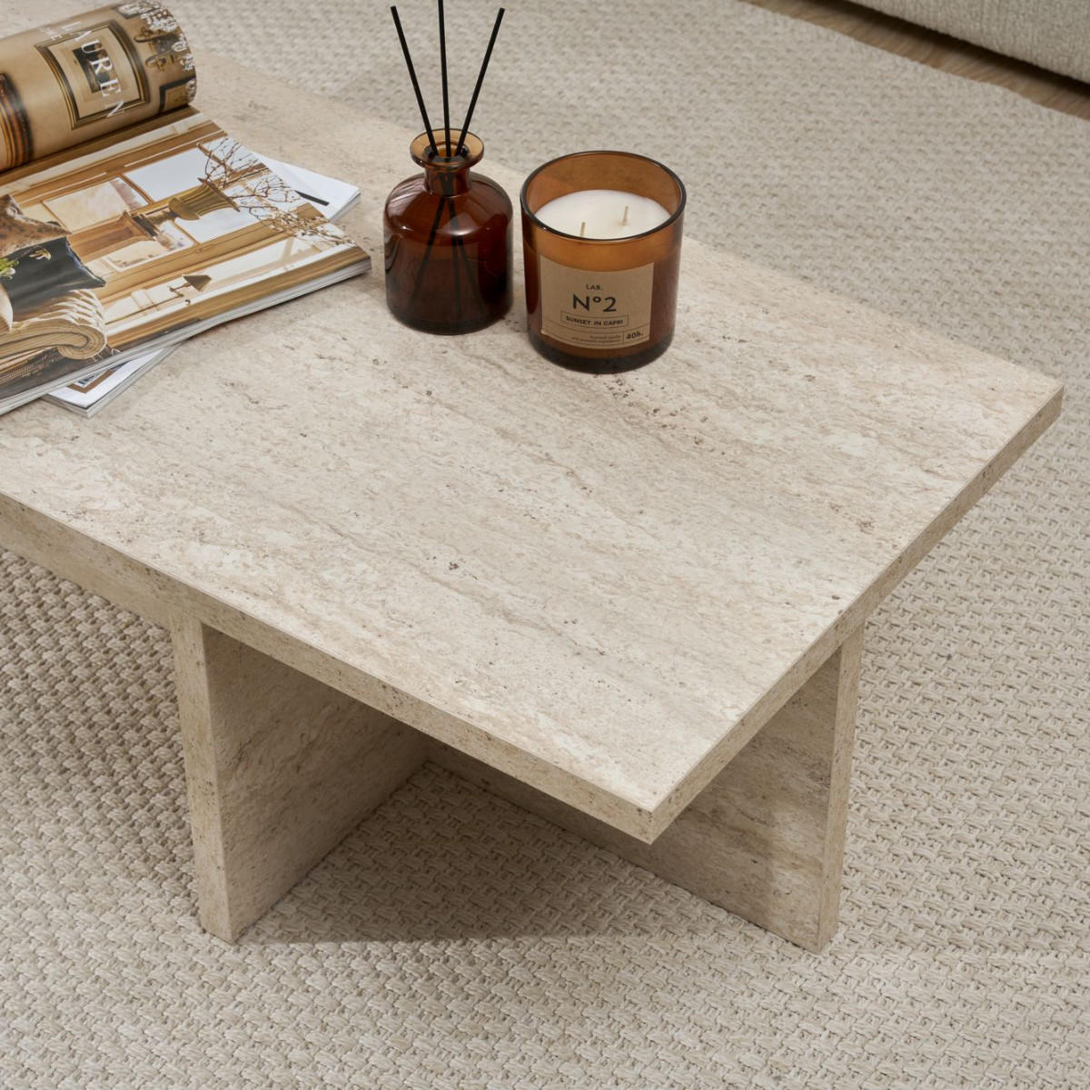 COUCHTISCH mit rechteckiger Platte und asymmetrischem Fuß L120 cm - HARBOR - Beige, Holzwerkstoff (50/45/30cm) - Calicosy