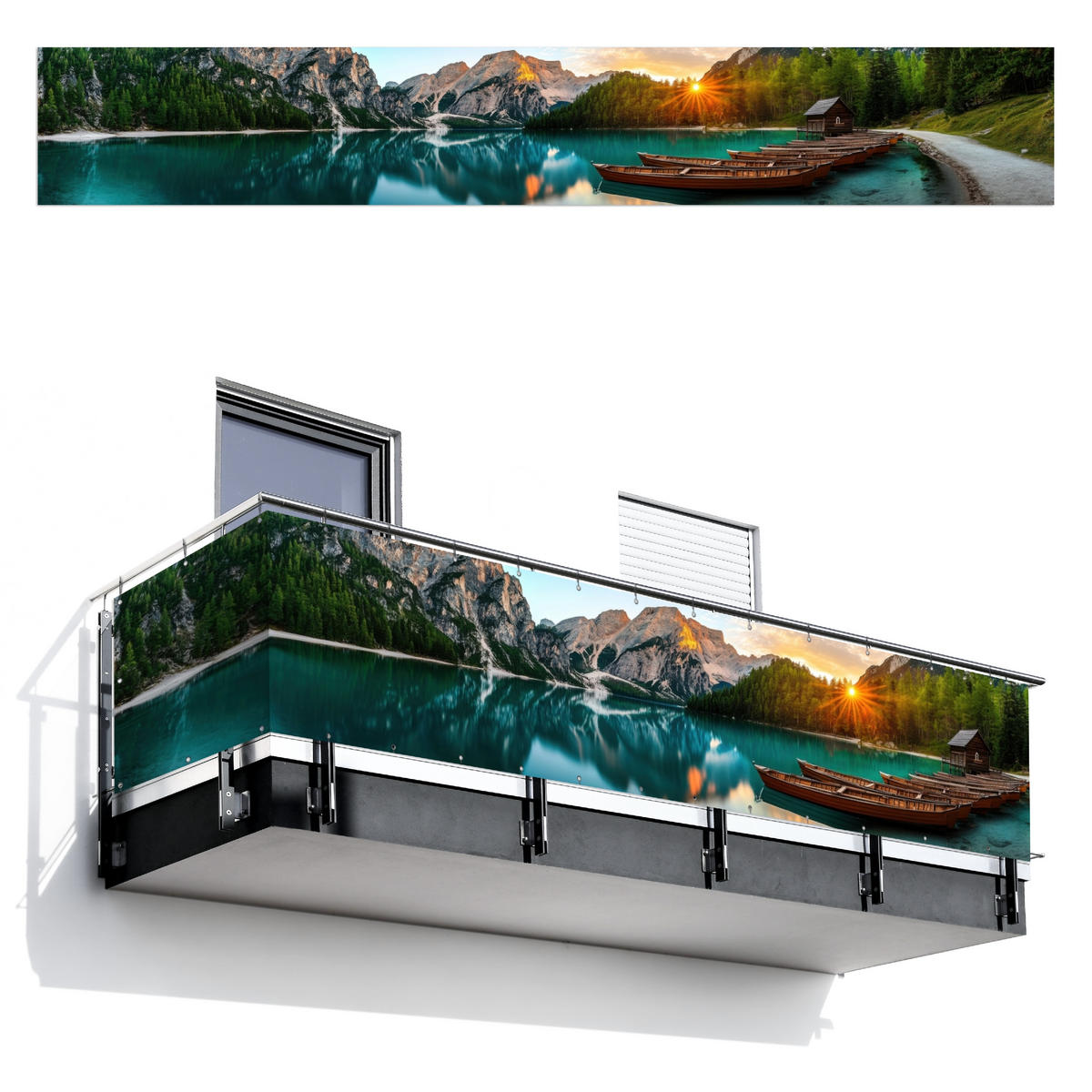 BALKON-SICHTSCHUTZ See - Berge - Sonnenuntergang - Boot - Petrol, Kunststoff (500/75cm) - MuchoWow