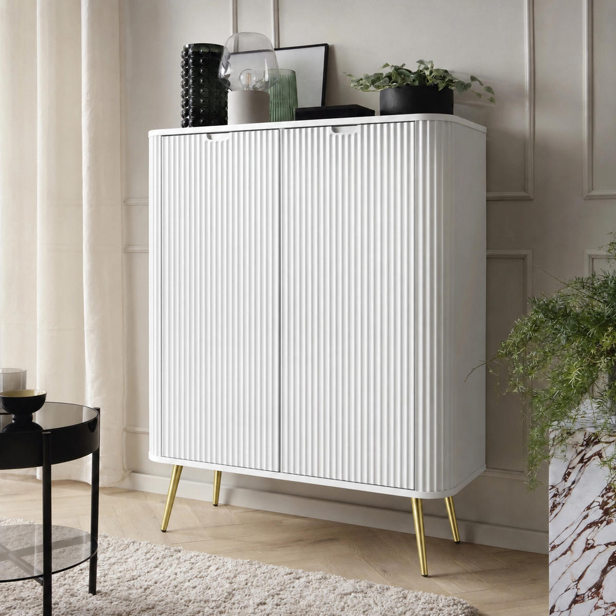 HOCHKOMMODE PORTO (Oval, Rillenfront, Weiß Matt, Goldene Füße) - Goldfarben/Weiß, Holz/Holzwerkstoff (103/129/39cm) - Ravio