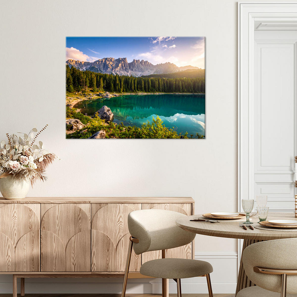 LEINWANDBILD Landschaft See Berge Wald Natur 90x60cm - Grün, Textil (90/60cm) - Feeby