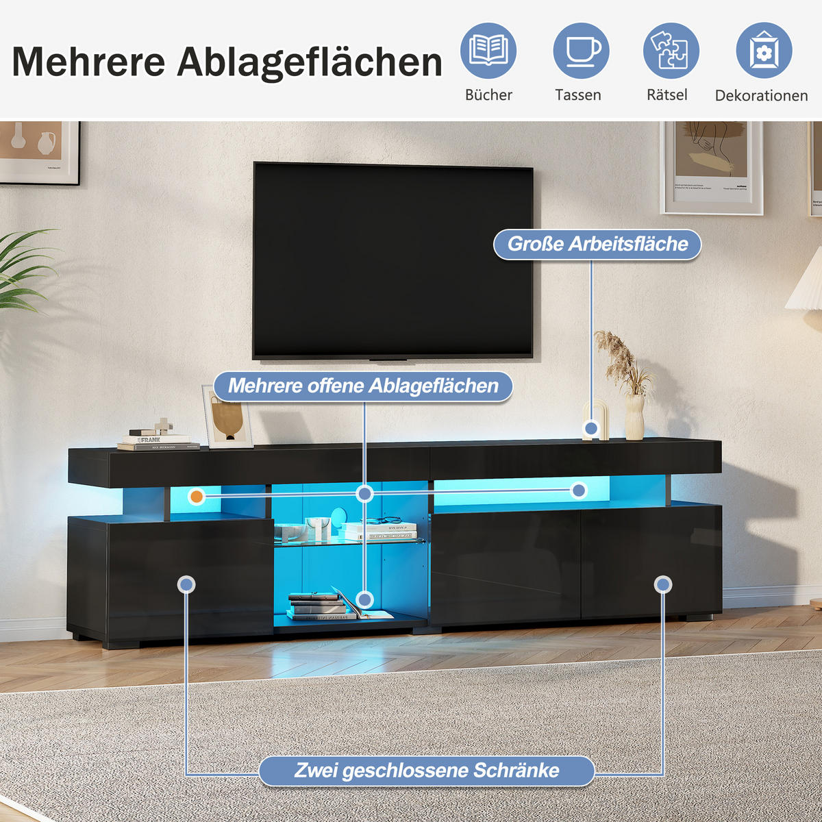 TV-LOWBOARD 180x35x45 cm Schwarz Hochglanz 3 Türen Glas Einlegeböden - Schwarz, Holzwerkstoff (35/45/180cm) - FLIEKS
