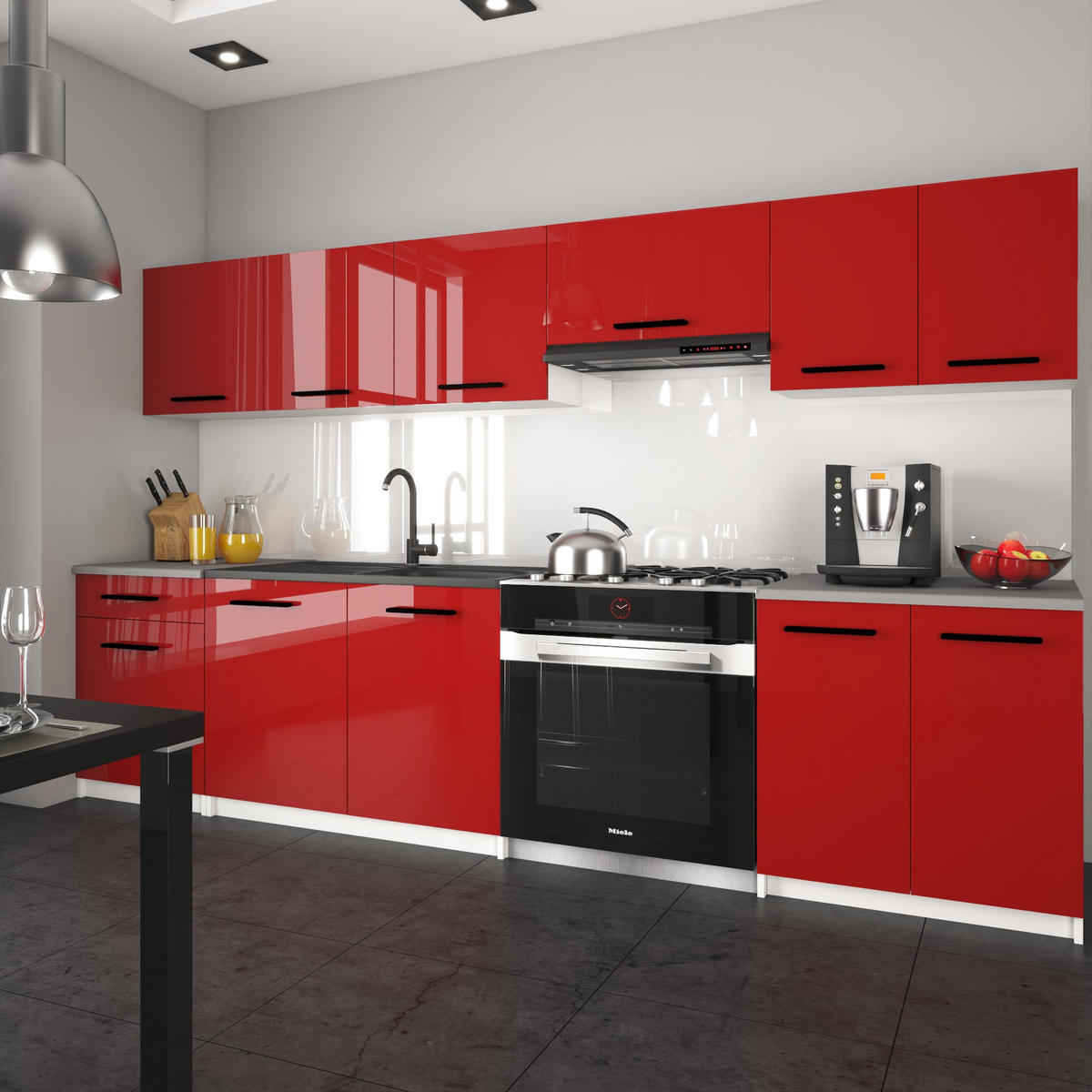 KÜCHENZEILE Italia 2 240 cm, mit Arbeitsplatten, Rot - Rot, Holz (240/143/60cm) - B BELINI GROUP