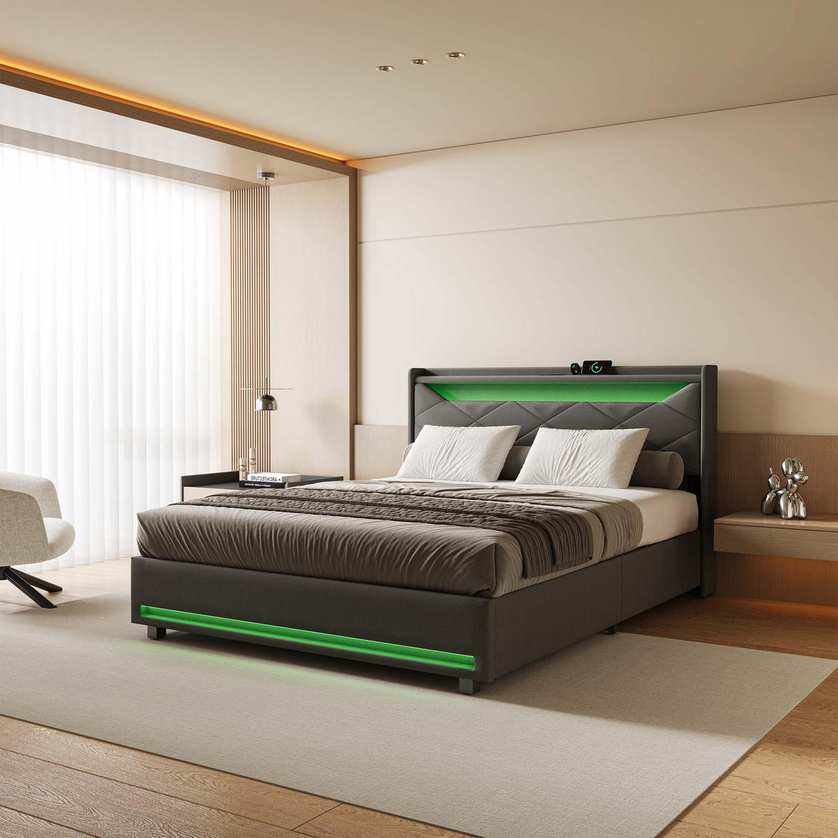 POLSTERBETT 140x200 cm Grau Leinen LED USB Stauraum - Grau, Metall (140/200cm) - SHOPENTRA