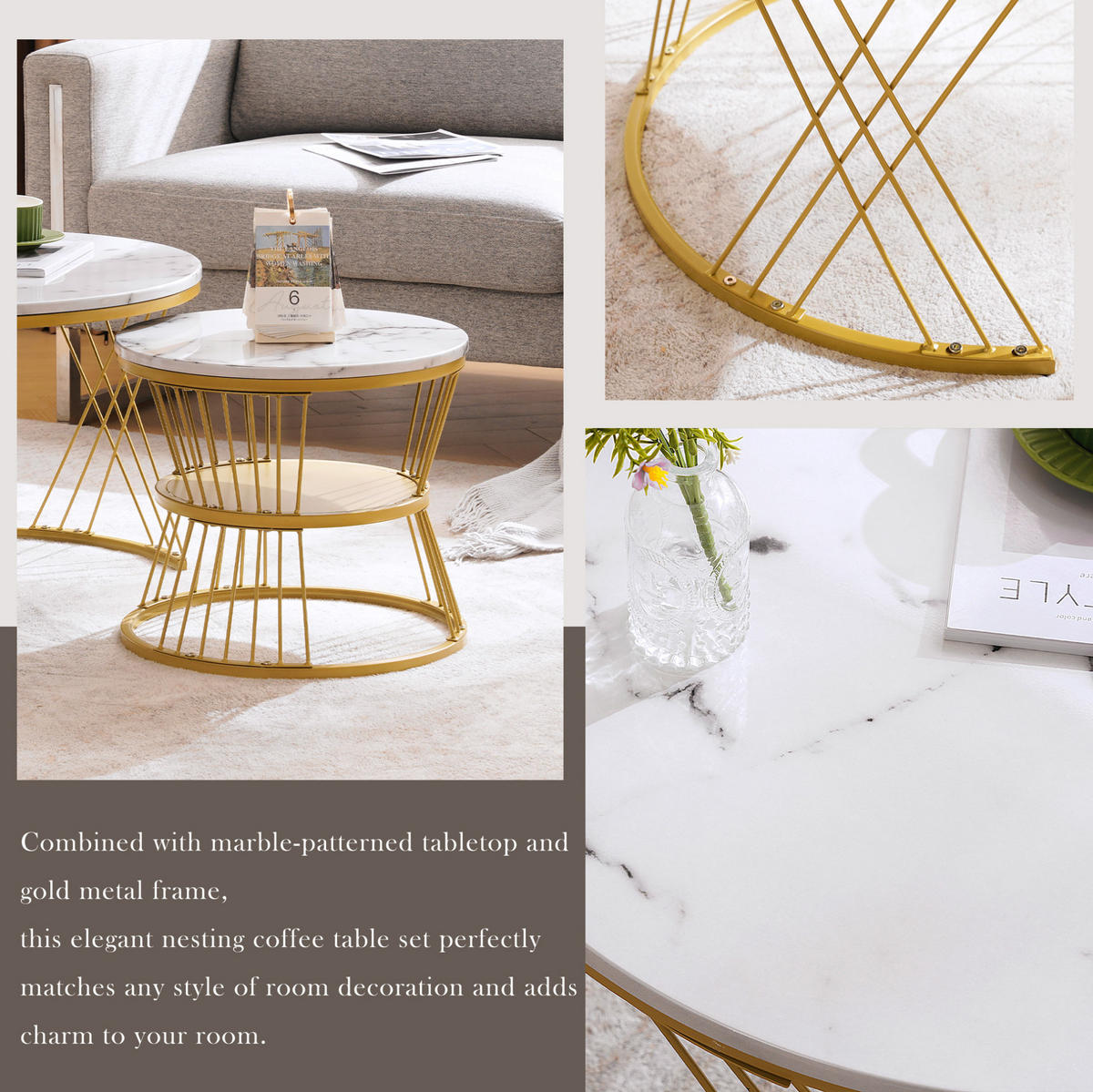 COUCHTISCH 70/45 cm Weiß aus MDF mit Marmormuster und Nesting-Design - Weiß, Holzwerkstoff (70/70/45cm) - OKMYHOME