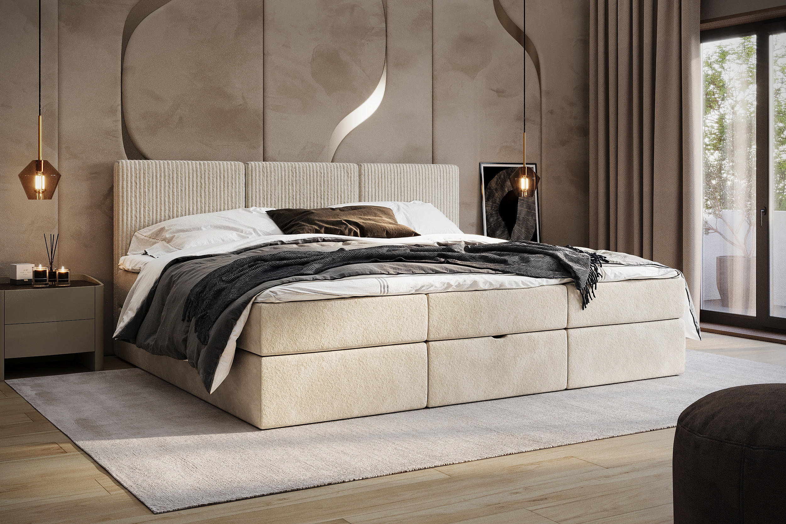 BOXSPRINGBETT Weit 240x200 cm mit Bettkasten – Beige, 3 modulare Segmente - Beige, Textil (240/200cm)