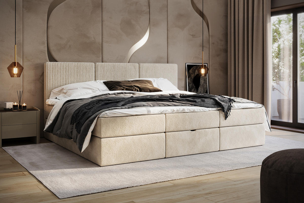 BOXSPRINGBETT Weit 240x200 cm mit Bettkasten – Beige, 3 modulare Segmente - Beige, Textil (240/200cm)